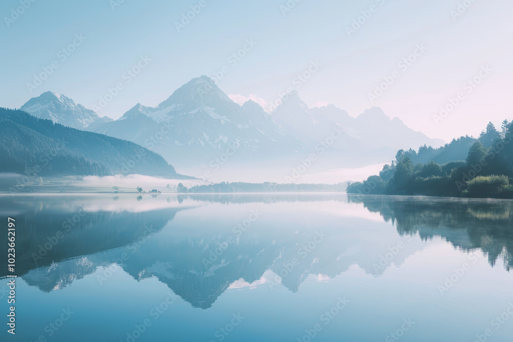A serene and peaceful scene of a lake with mountains in the background