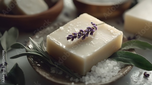 A soap bar on an elegant dish, surrounded by sea salt and lavender sprigs, symbolizing the natural ingredients of your handmade organic spa soaps for self-care products.