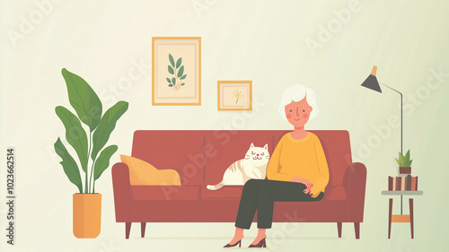 elderly woman sitting in sofa in living room, cat is sleeping on her lap, flat design, colorful, simple, and minimalistic, in a cartoon style. Senior woman in good health having a cat pet for company.