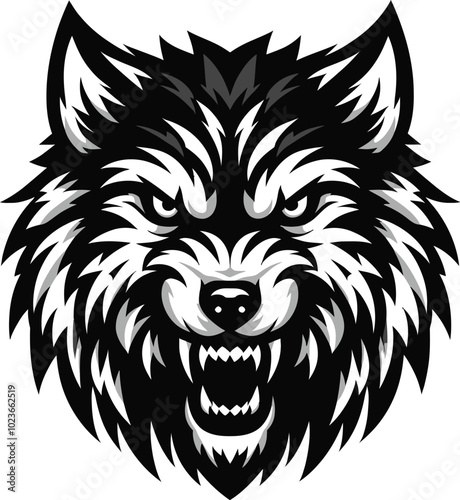 An aggressive wolf head logo with intense, sharp features, using bold black lines to highlight snarling fangs and piercing eyes, conveying a fierce, predatory expression on a white background  photo