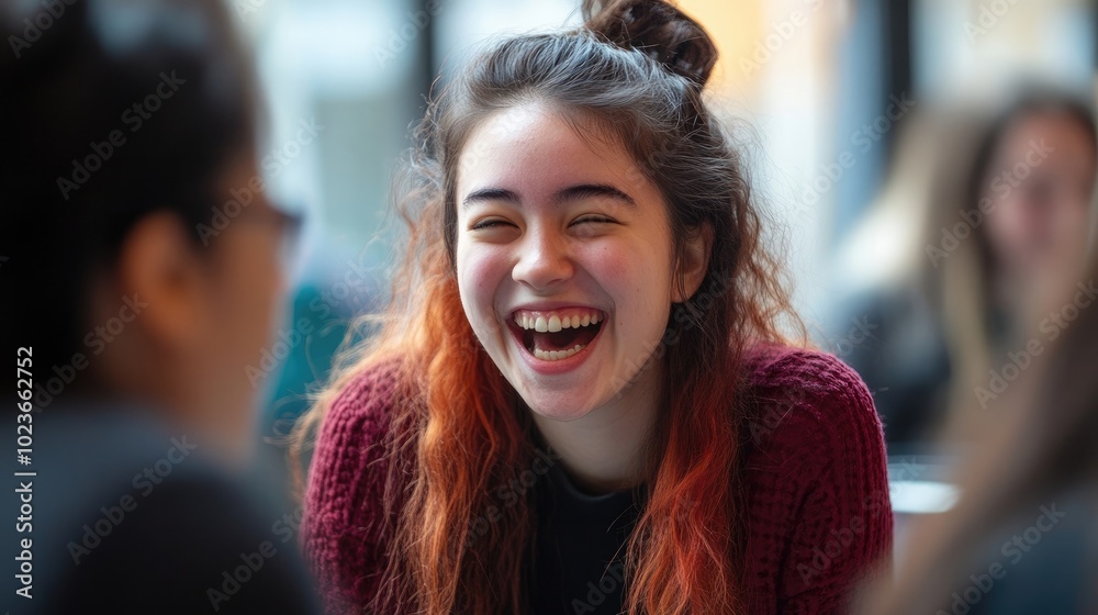 A young woman laughing with colleagues, promoting a positive and friendly workplace environment A young woman laughing with colleagues, promoting a positive and friendly workplace environment