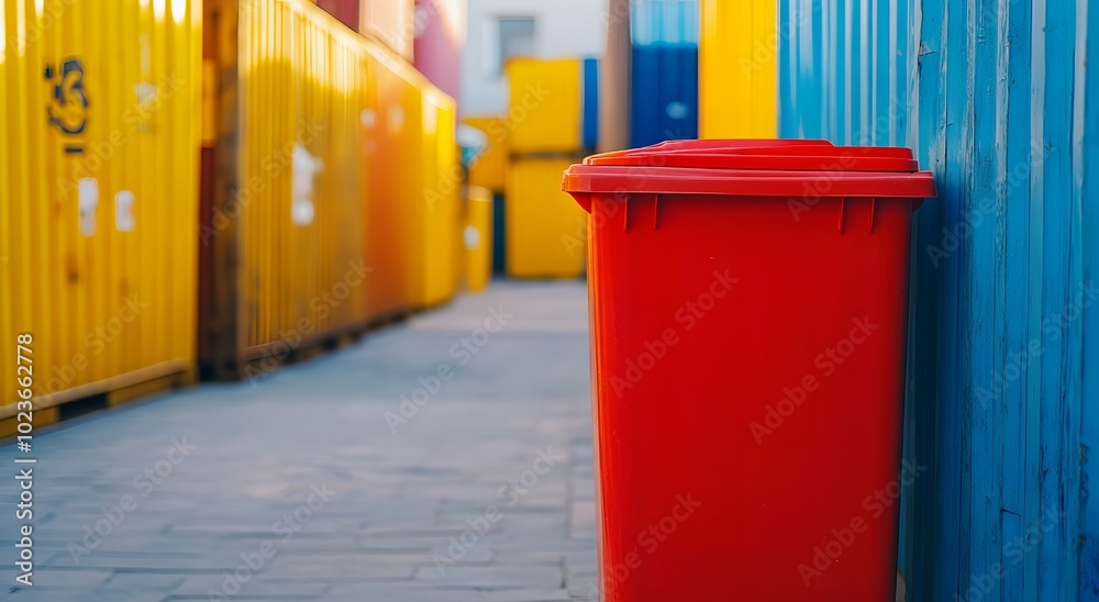 Naklejka premium Colorful trash bins in alley with blurred background of city street and garage. Close-up of red plastic waste bin