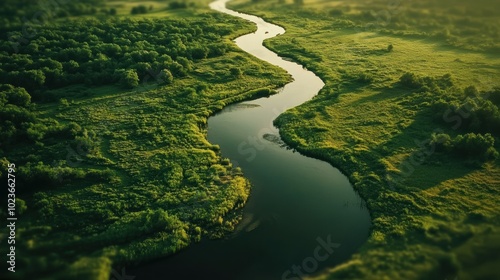 Aerial View of a Serpentine River Winding Through Lush Green Foliage