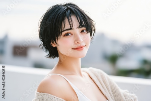 Free Download 自然光に照らされた屋外で微笑む女性のポートレート、晴れた日 - GFXLoad