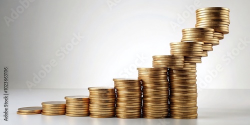 A spiraling staircase made entirely of stacked coins leads upward, symbolizing financial growth and prosperity, against a clean and minimalist white background. photo