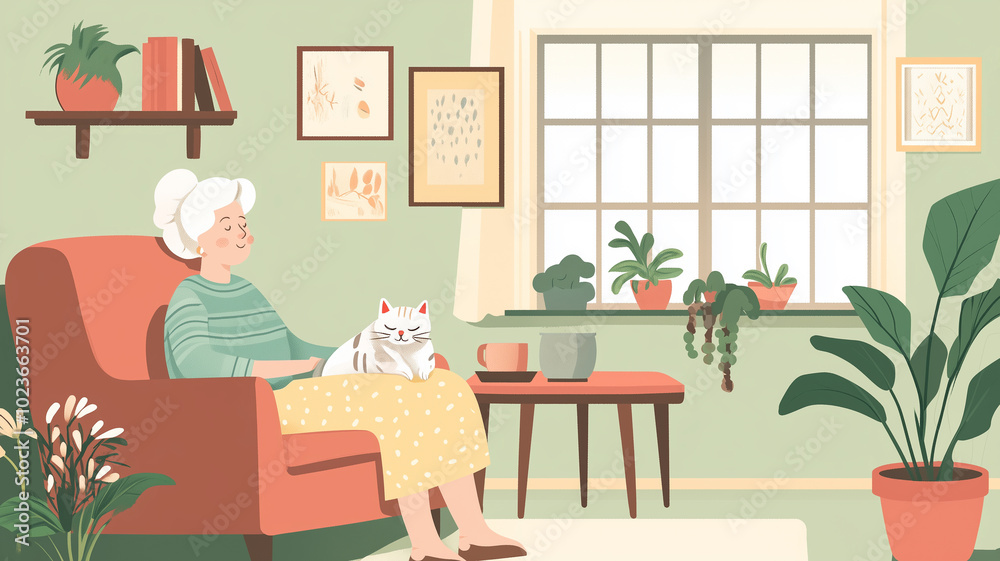 elderly woman sitting in sofa in living room, cat is sleeping on her lap, flat design, colorful, simple, and minimalistic, in a cartoon style. Senior woman in good health having a cat pet for company. elderly woman sitting in sofa in living room, cat is sleeping on her lap, flat design, colorful, simple, and minimalistic, in a cartoon style. Senior woman in good health having a cat pet for company.