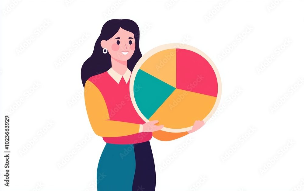 A businesswoman holding a pie chart, market analysis, flat design, isolated on white background A businesswoman holding a pie chart, market analysis, flat design, isolated on white background