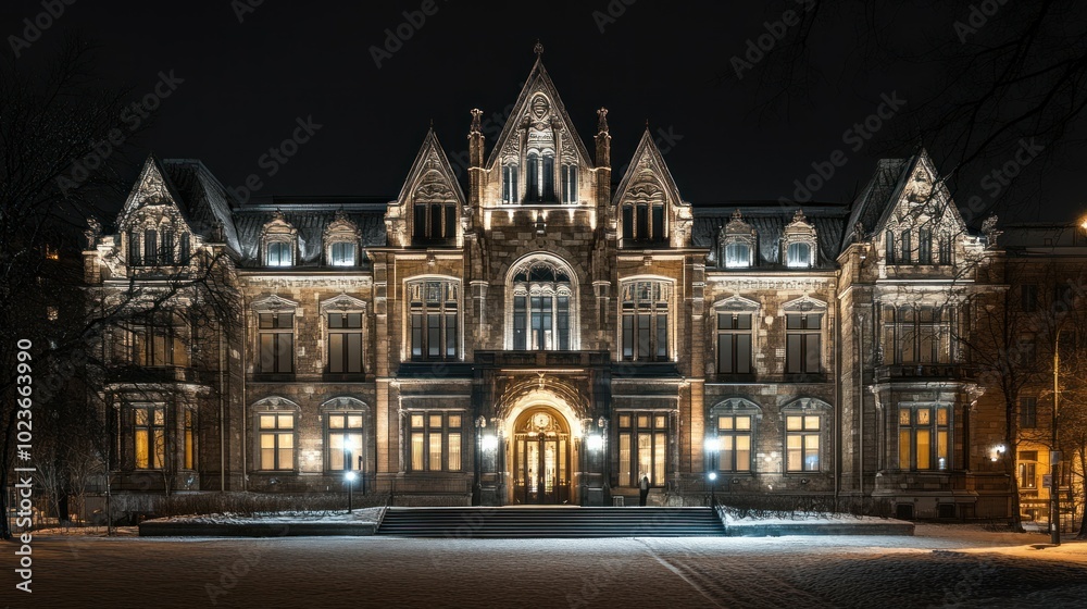 Illuminated Historic Building Facade with Snow-Covered Steps at Night Illuminated Historic Building Facade with Snow-Covered Steps at Night