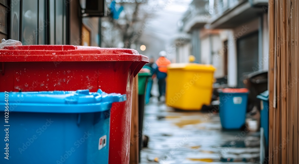Colorful trash bins in alley with blurred background of city street and garage. Close-up of red plastic waste bin Colorful trash bins in alley with blurred background of city street and garage. Close-up of red plastic waste bin