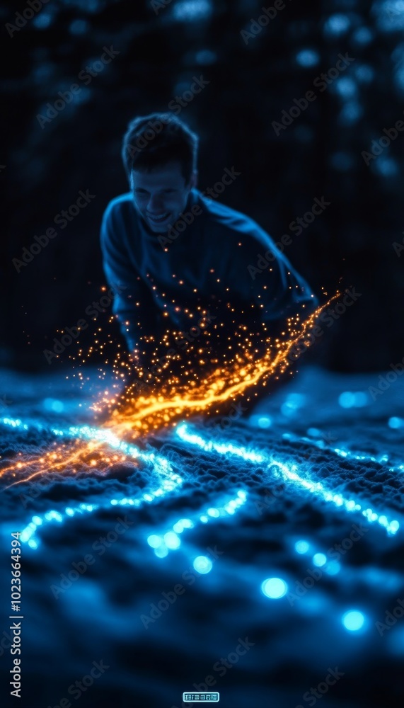 Man Kneeling, Creating Glowing Lines of Energy on Futuristic Blue Surface with Orange Sparks Man Kneeling, Creating Glowing Lines of Energy on Futuristic Blue Surface with Orange Sparks