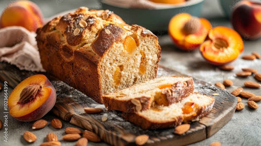 Sumptuous Peach Bread Delight with Freshly Sliced Peaches and Almonds Irresistible Homemade Treat for Food Lovers Sumptuous Peach Bread Delight with Freshly Sliced Peaches and Almonds Irresistible Homemade Treat for Food Lovers