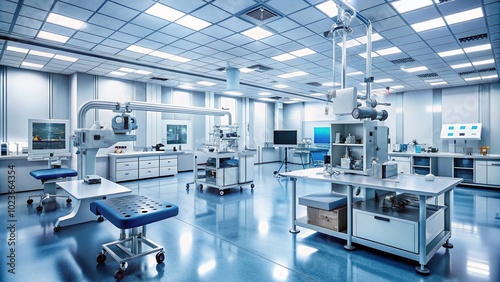 A sterile, futuristic laboratory workspace with various medical equipment, machines, and components, showcasing cutting-edge technology in medical device manufacturing and innovation.