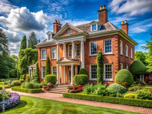 A stunning traditional red brick house with lush greenery, elegant columns, and ornate details, set amidst a serene and idyllic rural landscape on a sunny day.