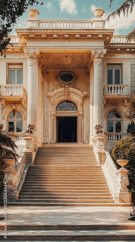 Opulent Mansion Exterior with Marble Columns Opulent Mansion Exterior with Marble Columns