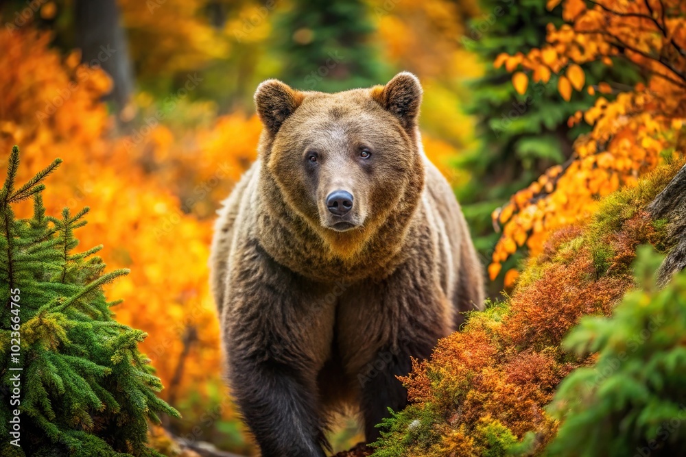 Grizzly bear standing in autumn forest from a high angle view Grizzly bear standing in autumn forest from a high angle view