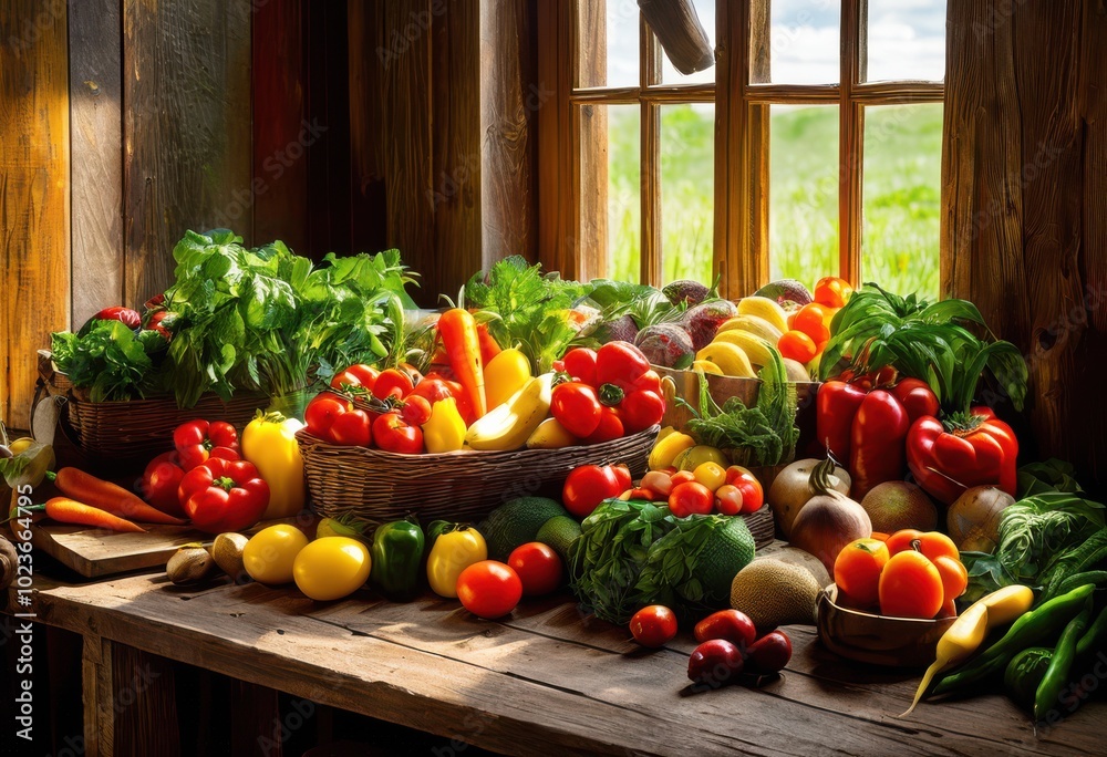 vibrant display farm fresh produce rustic wooden showcasing colorful fruits vegetables natural light, organic, market, harvest, greenery, nature, biodynamic