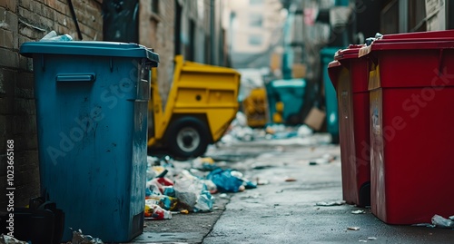 Colorful trash bins in alley with blurred background of city street and garage. Close-up of red plastic waste bin