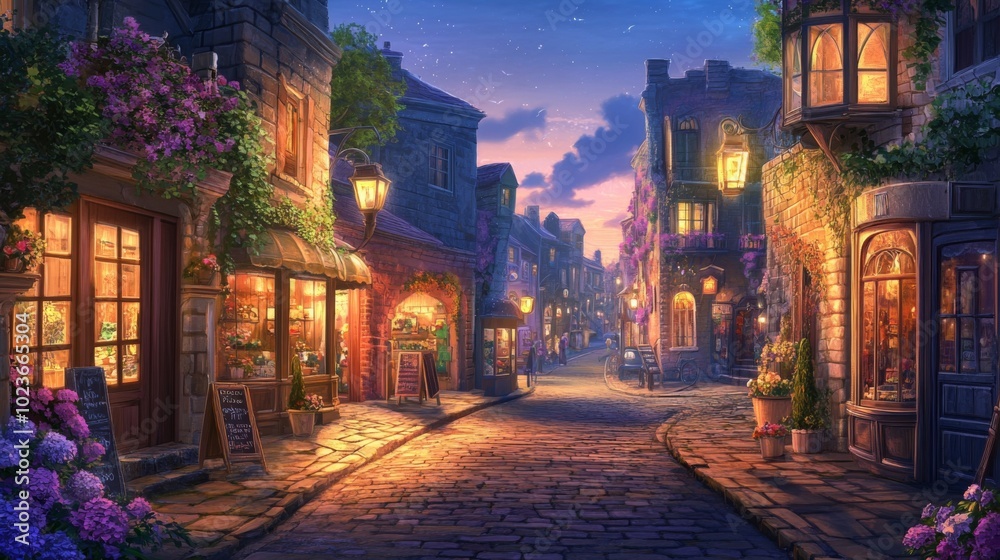 Fototapeta premium Charming Town Street at Dusk with Glowing Lanterns