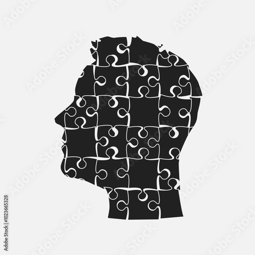 Male head made from puzzle pieces, mind jigsaw