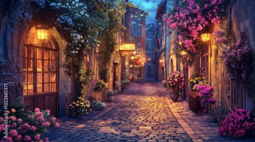 Charming Flower-Laden Evening Street Scene