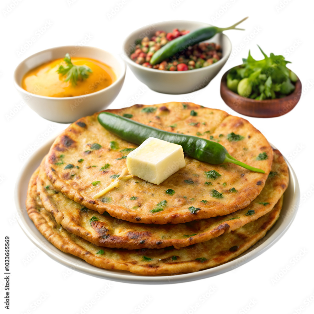 Indian food aloo paratha golden brown garnished with parsley lime slices isolated on white bg Indian food aloo paratha golden brown garnished with parsley lime slices isolated on white bg