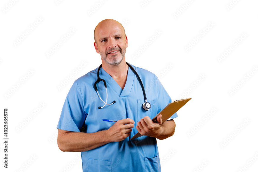 Nurse in blue lab coat holding clipboard and stethoscope on white background. Nurse in blue lab coat holding clipboard and stethoscope on white background.