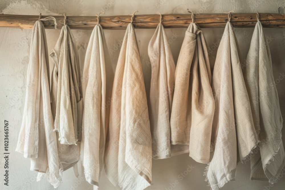 Natural muslin kitchen towels on unique wooden hanger. Soft stylish. Natural muslin kitchen towels on unique wooden hanger. Soft stylish.