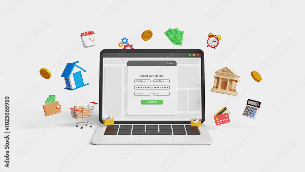Digital payments, banking network, financial services, or FinTech concept. Online shopping, web or internet transactions or mobile banking apps. 3D payment by credit card screen on laptop