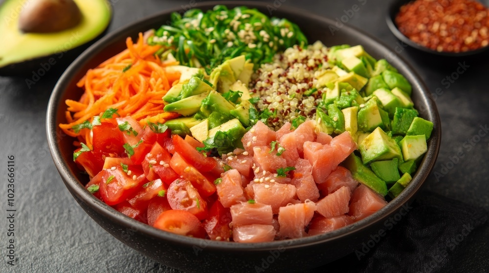 Healthy salad: avocado, tomato, carrot Healthy salad: avocado, tomato, carrot