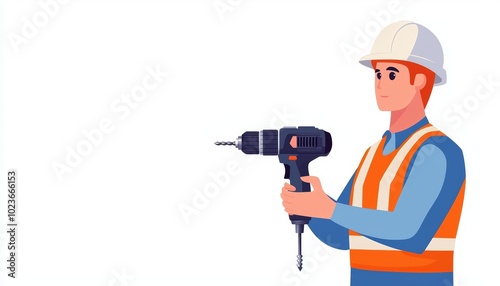 A construction worker with a drill, industrial site tools, flat design, blue and grey tones, isolated on white background