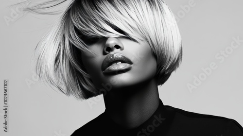 A black and white, great studio lighting portrait of a melanated fashion female model, facing front view with unique and cool face,smooth bang cut bob.