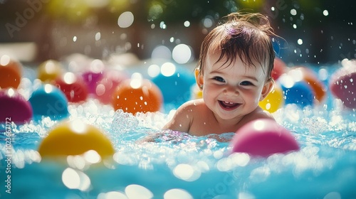 A baby is playing with a bunch of colorful balls in a pool