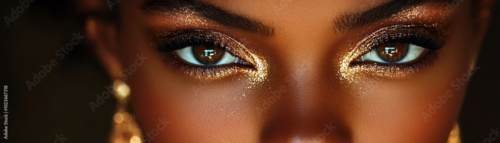 Fototapeta premium Elegant woman with glowing gold makeup and jewelry, highlighted against a dark background