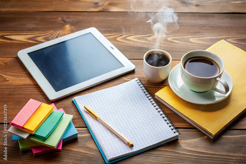 A tidy desk with a notebook, pen, and tablet displaying a structured course outline, surrounded by colorful sticky notes and a steaming cup of coffee. A tidy desk with a notebook, pen, and tablet displaying a structured course outline, surrounded by colorful sticky notes and a steaming cup of coffee.