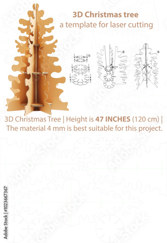 3D Christmas Tree is a template for laser cutting. Design element for a Christmas and New Year. Christmas Tree Laser Cut Pattern. Freestanding Tree Laser Cut Design, 47 INCH (120 cm) High
