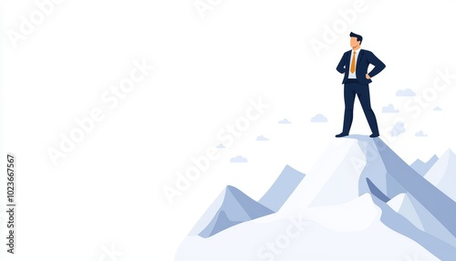 A businessman standing on a mountain peak, leadership and achievement, flat design, isolated on white background photo