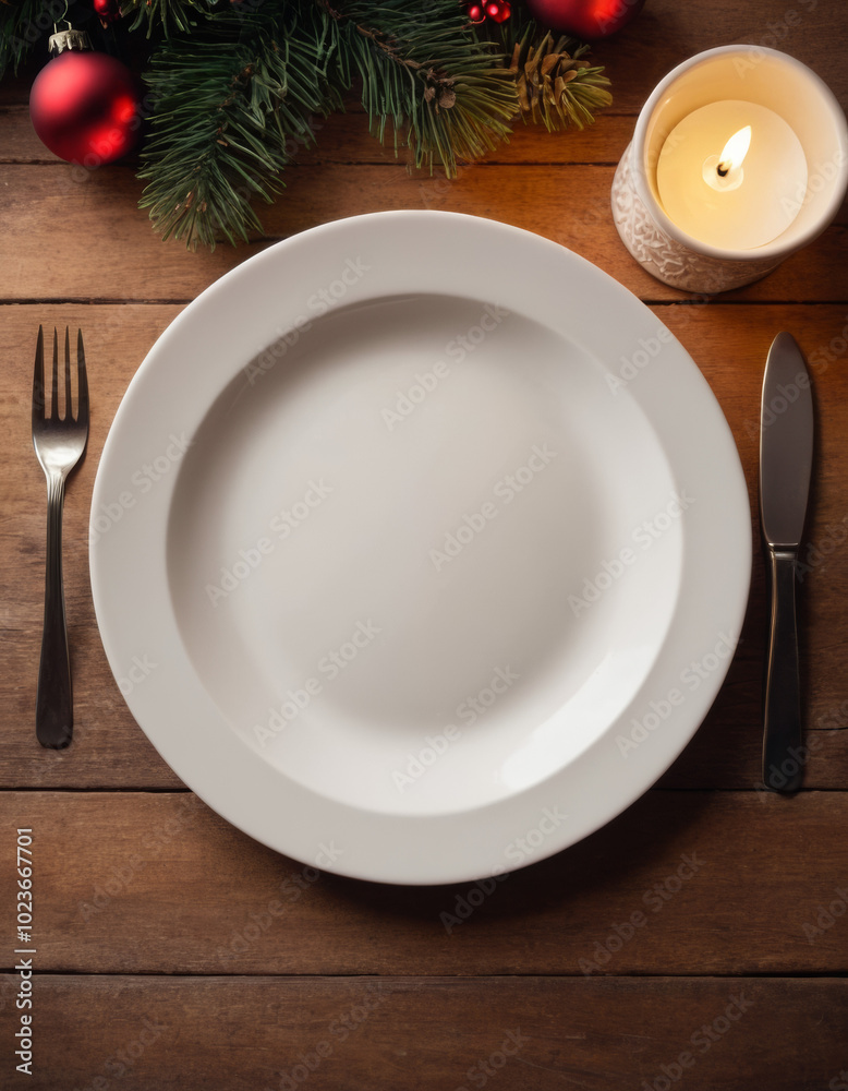 Top view to empty white plate on wooden table. Christmas, New Year background Top view to empty white plate on wooden table. Christmas, New Year background