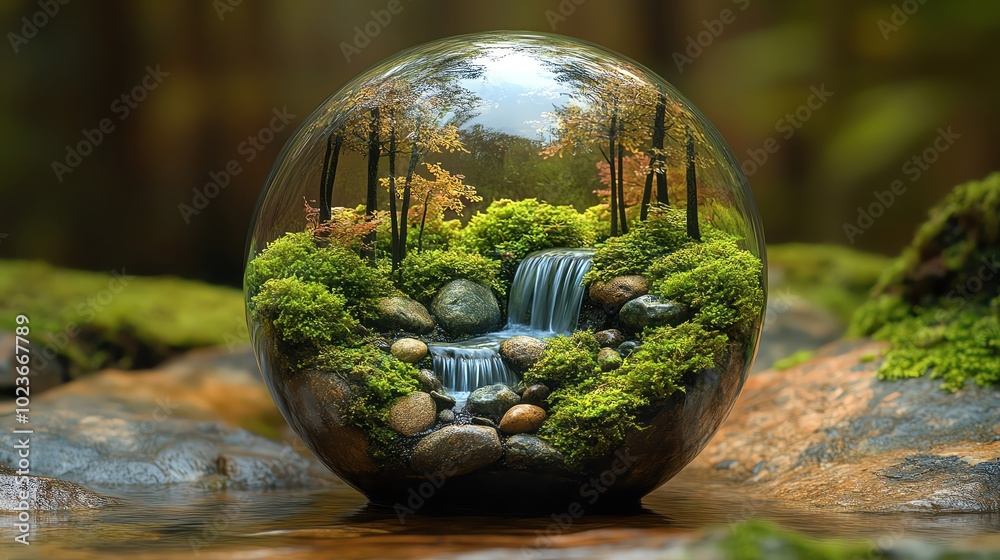 Glass orb with a miniature forest and waterfall, soft forest lighting, mystical and serene Glass orb with a miniature forest and waterfall, soft forest lighting, mystical and serene
