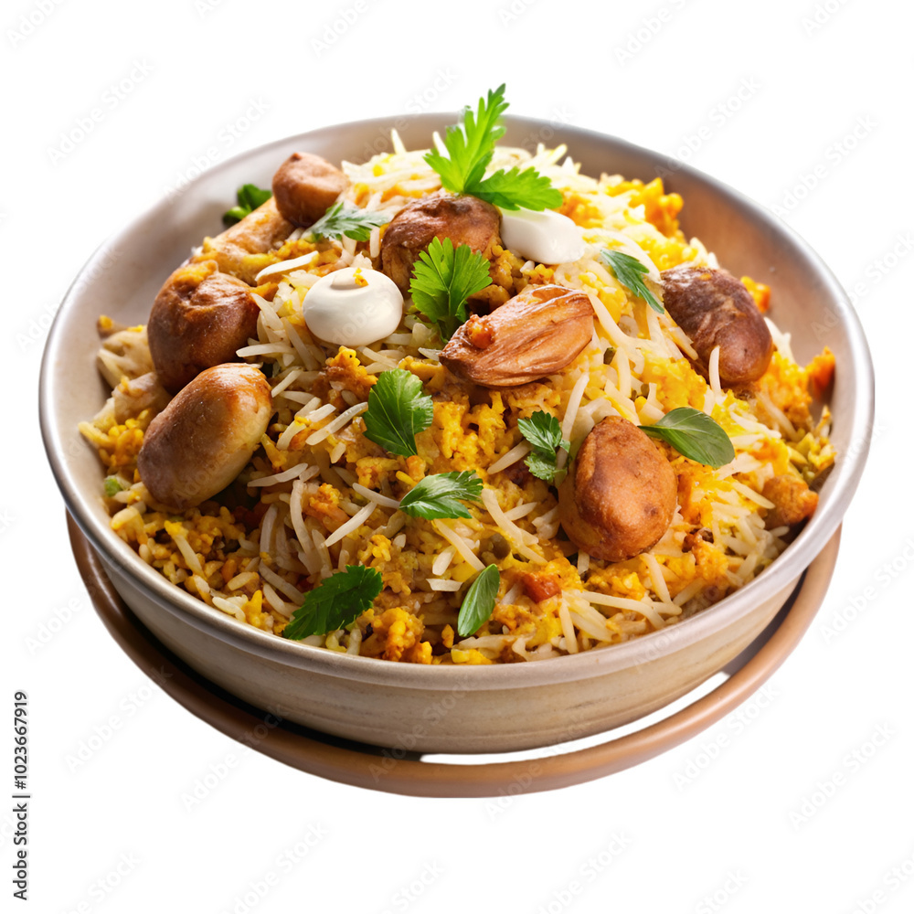 A bowl of biryani with chicken pieces A bowl of biryani with chicken pieces