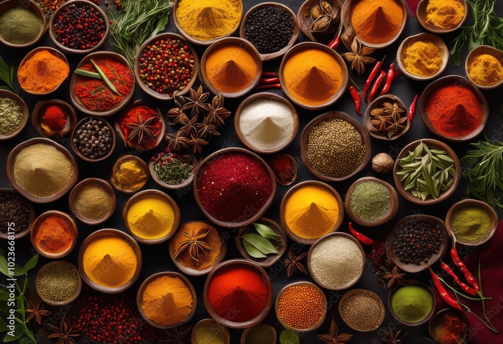 beautifully arranged vibrant spices minimalist backdrop showcasing rich colors textures culinary ingredients, arrangement, ginger, turmeric, paprika, cayenne