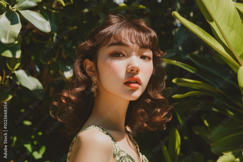 美しい緑の背景の中で微笑む女性のポートレート、自然光の下で撮影された瞬間 美しい緑の背景の中で微笑む女性のポートレート、自然光の下で撮影された瞬間