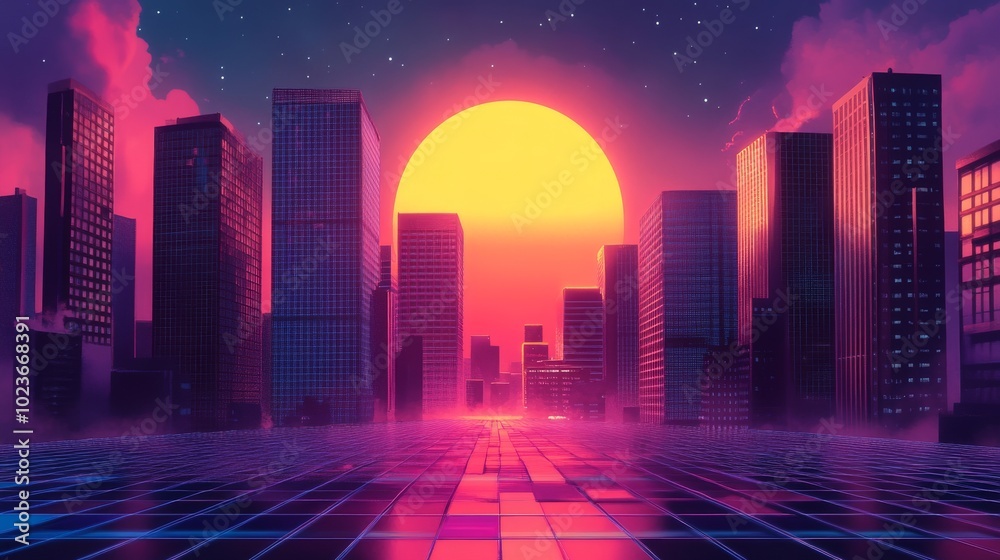 Elegant representation of a skyscraper with a synthwave aesthetic, in a modern cityscape.