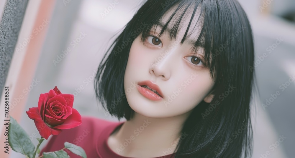 Naklejka premium 赤いバラを持った女性が街中でポートレートを撮影しているシンプルで美しい瞬間