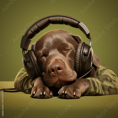 sleeping calm and relaxed brown labrador listening to music through headphones, anti-stress methods for animals, relaxing music for animals, relaxation techniques for dogs.