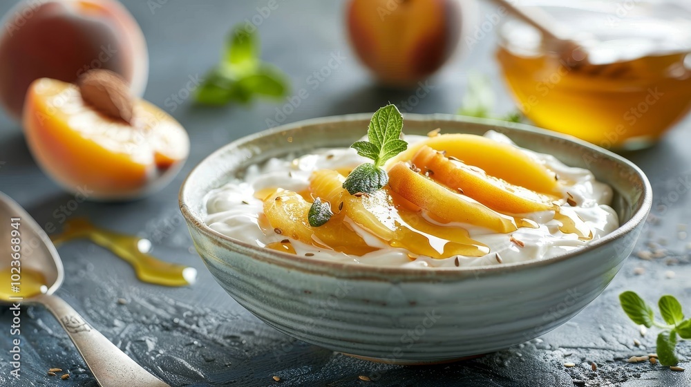 Wholesome Delight Greek Yogurt with Fresh Peaches and Honey A Nourishing and Refreshing Breakfast Option for a Healthy Lifestyle Wholesome Delight Greek Yogurt with Fresh Peaches and Honey A Nourishing and Refreshing Breakfast Option for a Healthy Lifestyle