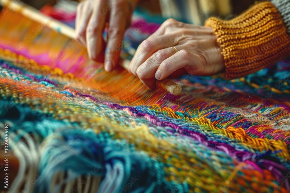 Master weaver is weaving the tapestry with diverse bright threads close up. Artisanal at work Master weaver is weaving the tapestry with diverse bright threads close up. Artisanal at work