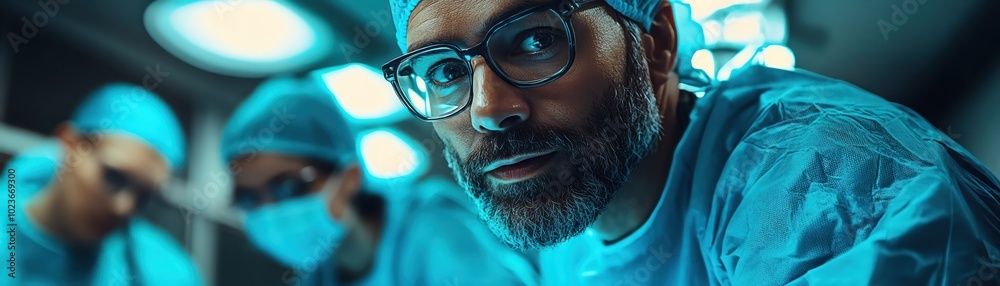 Surgical team performing an operation, intense focus on the patient, sterile room with bright overhead lights, dramatic angle Surgical team performing an operation, intense focus on the patient, sterile room with bright overhead lights, dramatic angle