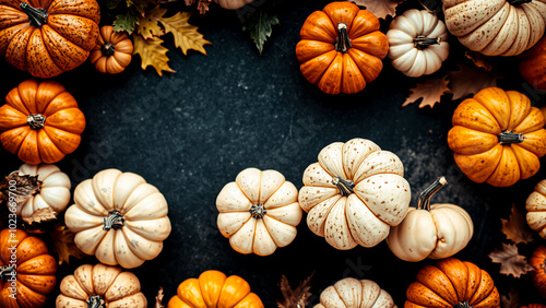 Autumnal Pumpkin Display on Black Background