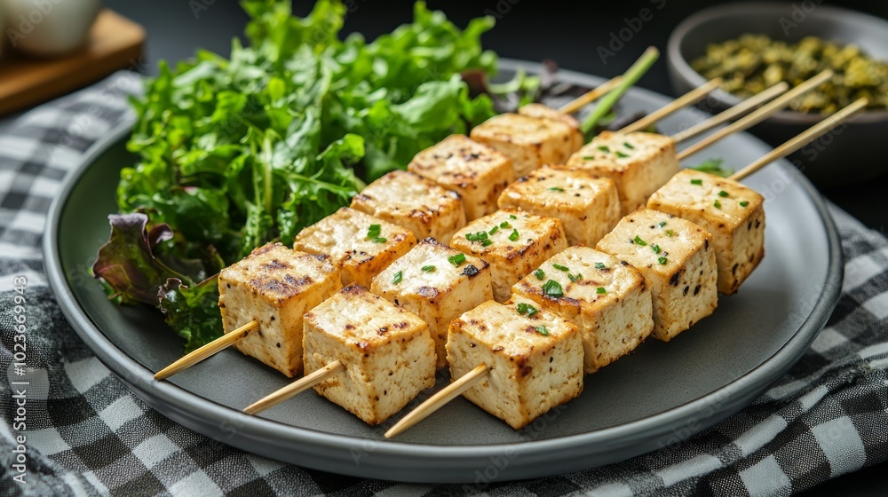 Grilled tofu skewers with fresh salad on a black plate. Grilled tofu skewers with fresh salad on a black plate.