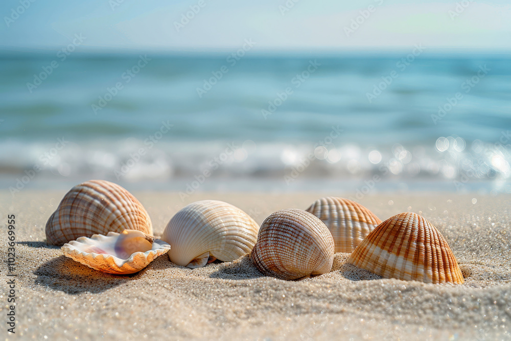 A beach scene with a variety of shells scattered across the sand A beach scene with a variety of shells scattered across the sand